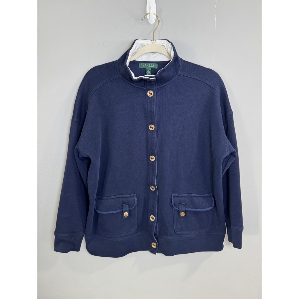 LAUREN Ralph Lauren‎ Navy Blue Ribbed Button Front Jacket Women 1X Cotton